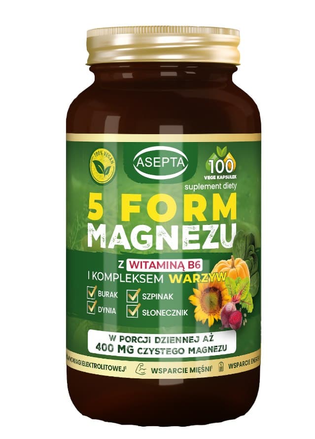 Asepta - Magnesium 5 Form With Vitamin B6 & Vegetable Complex - 100 Caps – Asepta förpackning