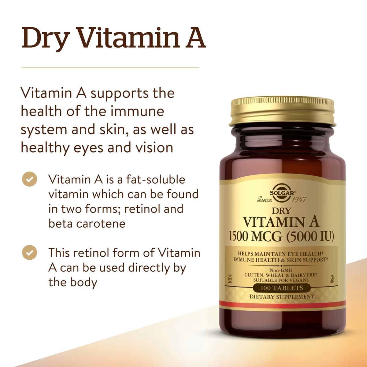 Solgar - Dry Vitamin A - 5000IU (100 Tabs)