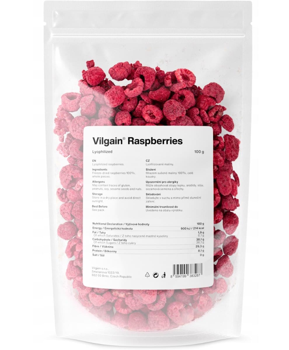 Vilgain - Freeze-Dried Raspberries - 100g – Vilgain förpackning