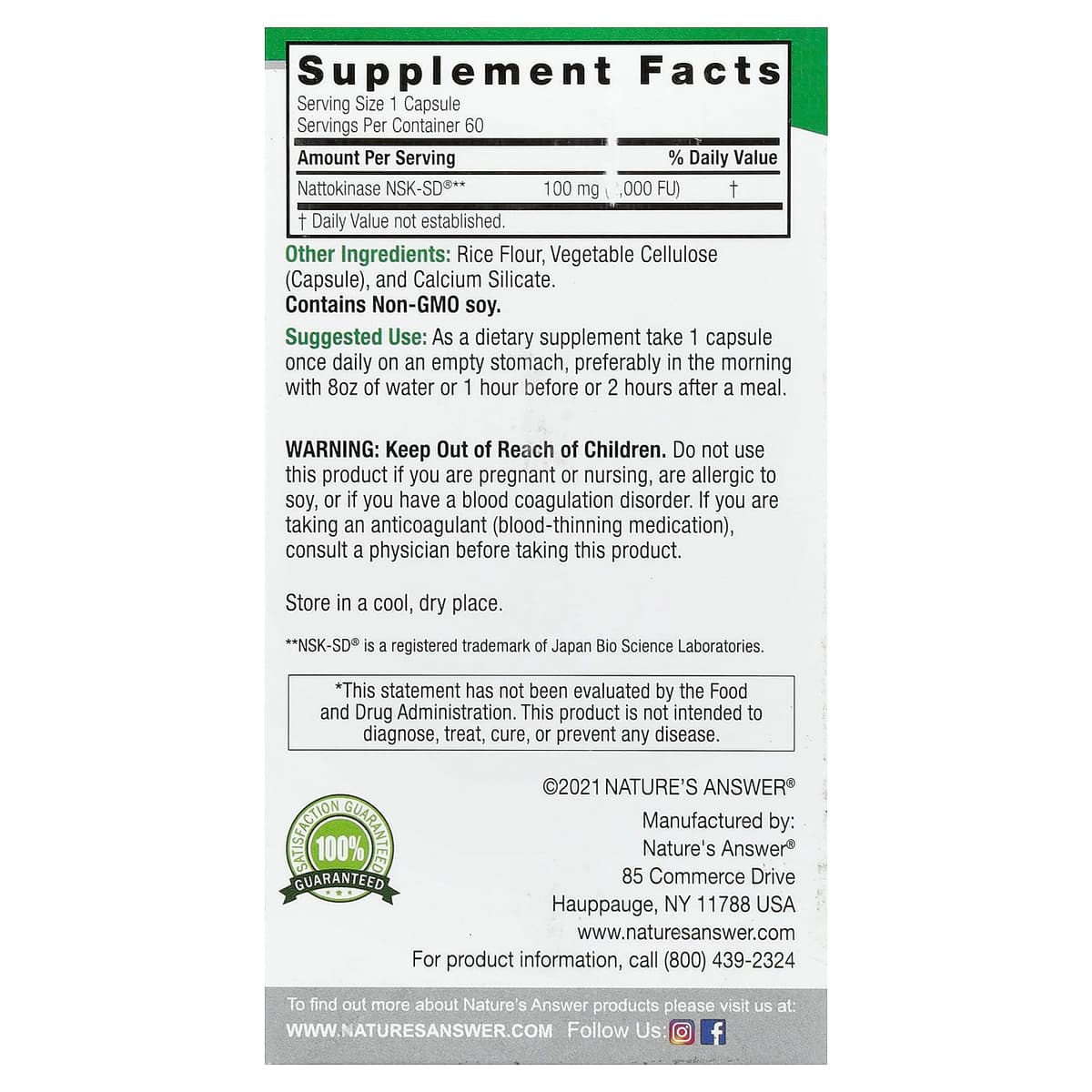Nature's Answer - Nattokinase Nsk-Sd - 60 Vcaps
