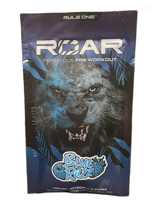 Sääntö yksi - Roar, Blue Razz Pre-Workout Powder - 10g – Rule One packaging
