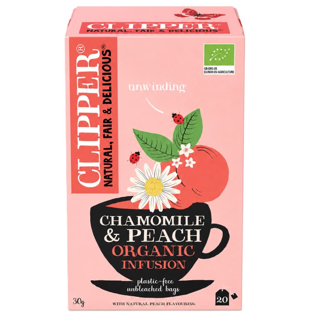 CLIPPER - Organic Chamomile & Peach - 20 teabags – CLIPPER förpackning