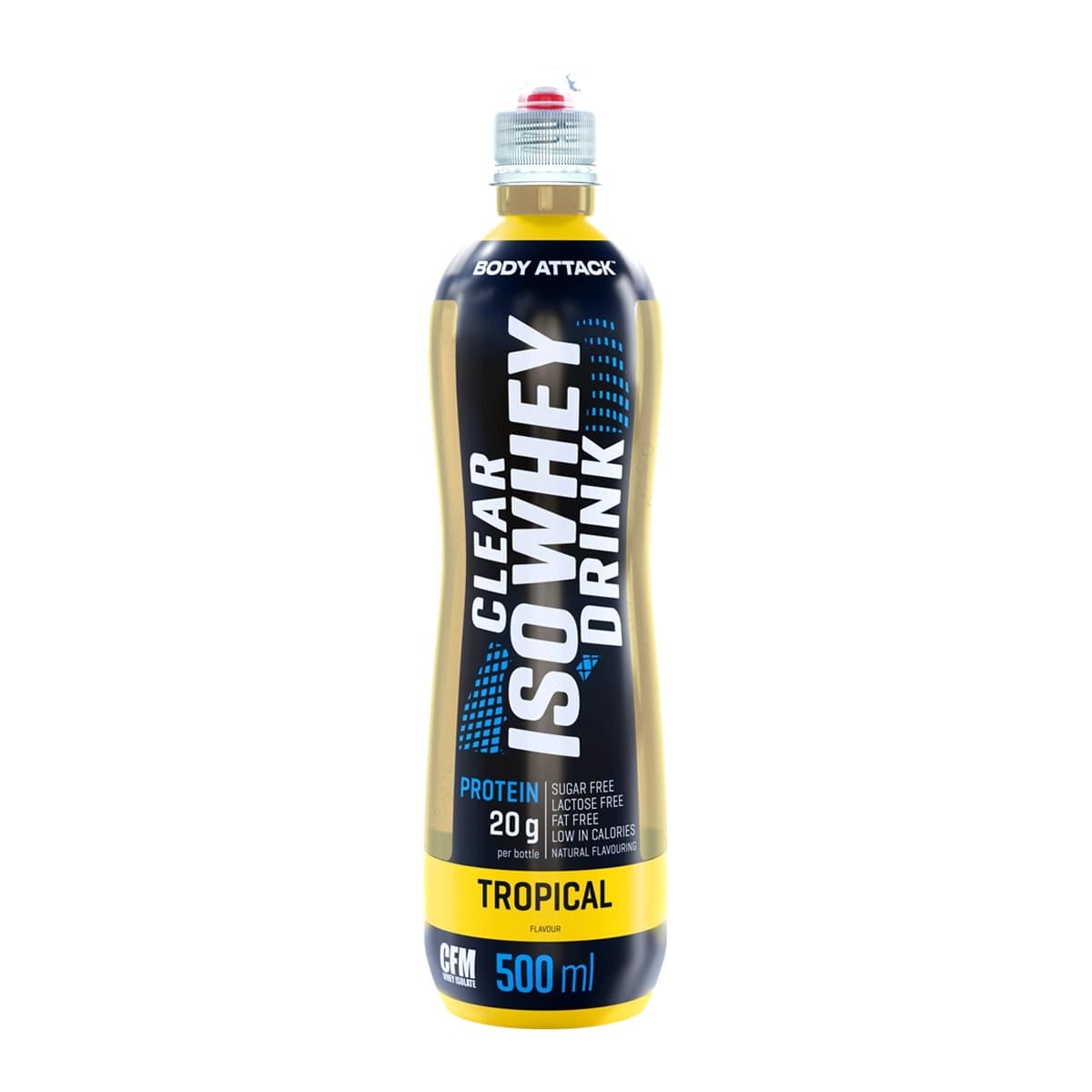 Body Attack - Clear Iso vassleproteindryck - Tropisk frukt, 12 × 500 ml – Body Attack förpackning