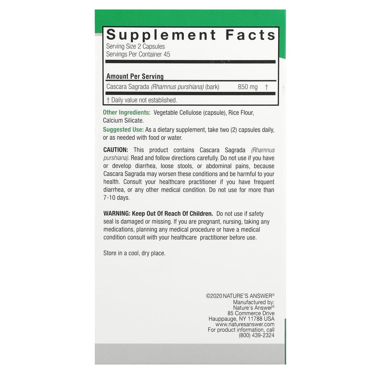 Natures Answer Cascara Sagrada Bark - 90 Vcaps