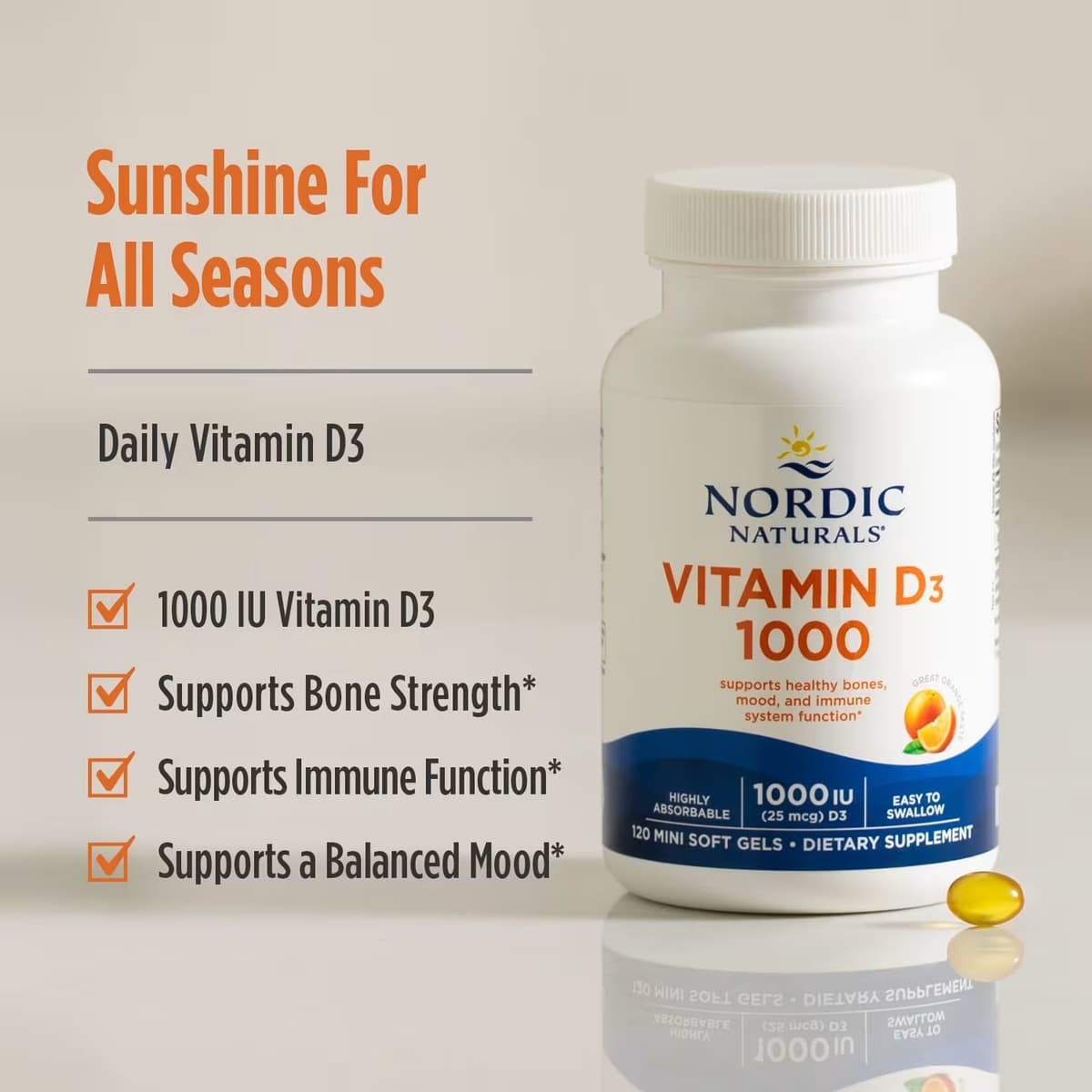 Nordic Naturals - Vitamin D3, 1000IU Orange - 120 Sgels
