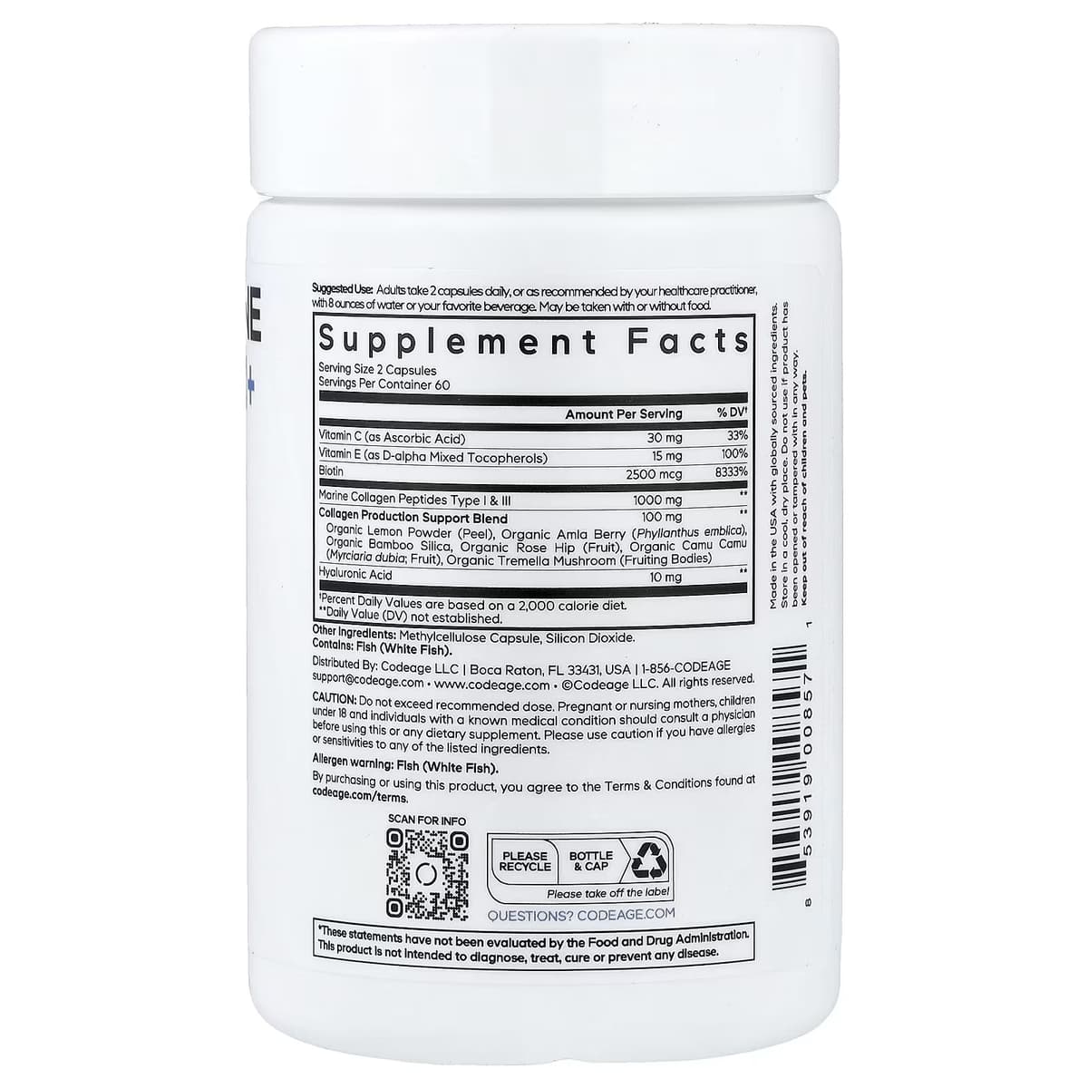 Codeage - Biotin Marine Collagen+ - 120 Vegetable Capsules