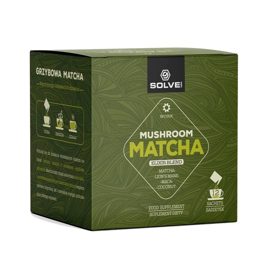 Solve! - Mushroom Matcha Elixir - 12 Sachets – SOLVE! förpackning