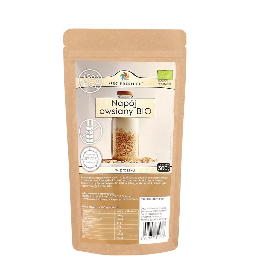Pięć Przemian - Organic Oat Drink Powder Gluten-Free 300g – Pięć Przemian förpackning