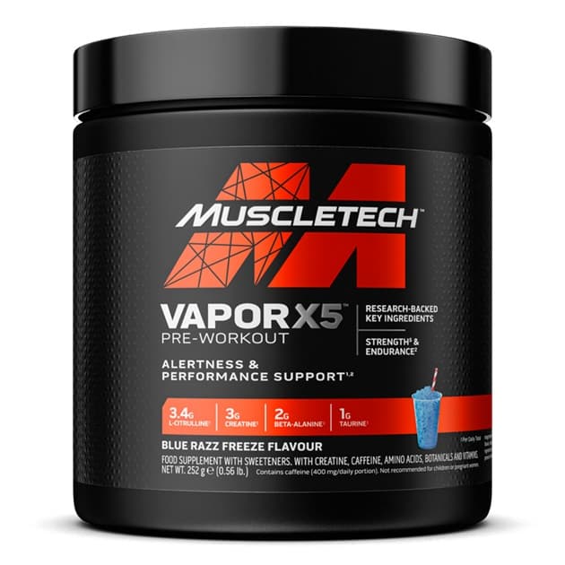 Muscletech - Vapor X5 Pre-Workout (Blue Raspberry Freeze - 252g) – Muscletech förpackning