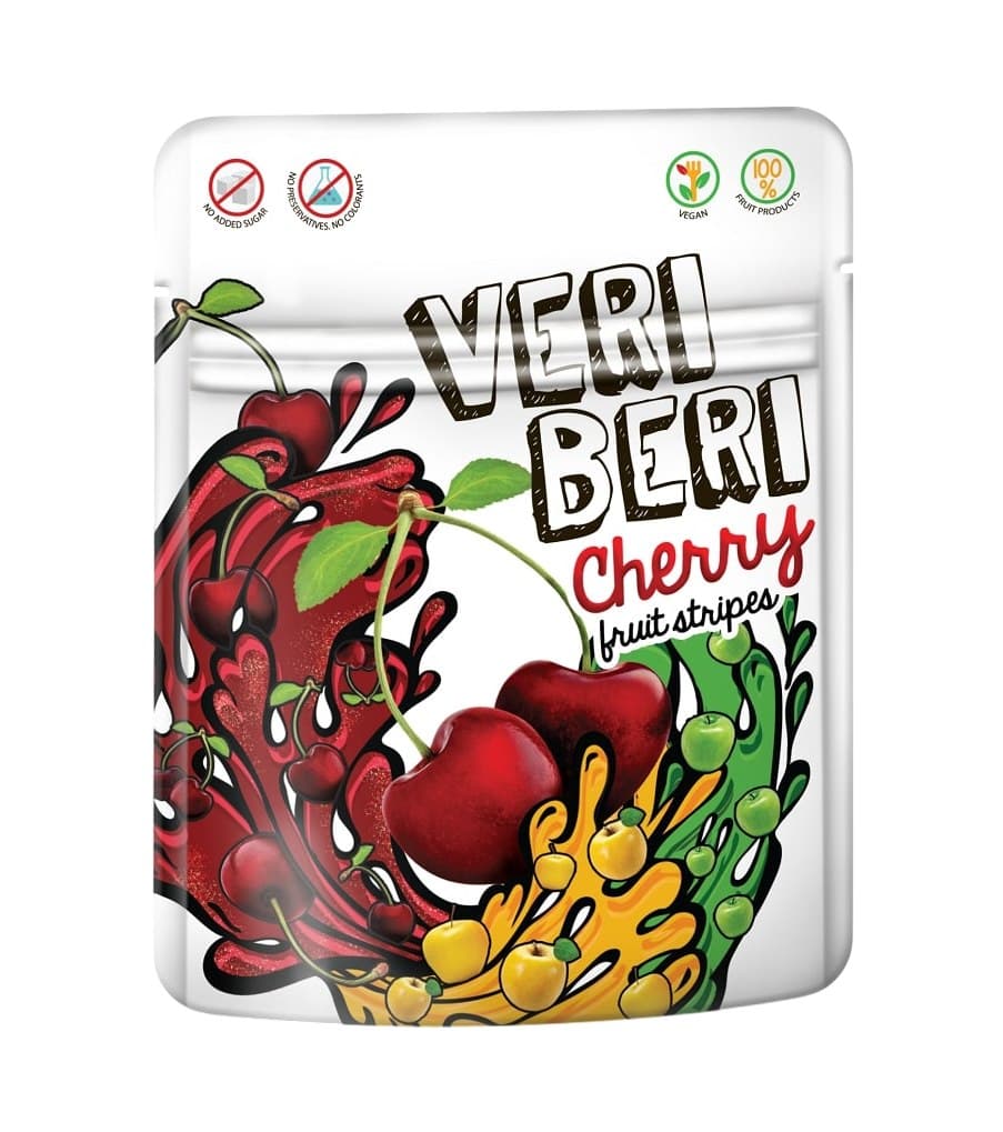 Veri Beri - Cherry Fruit Stripes - 50g – Veri Beri förpackning