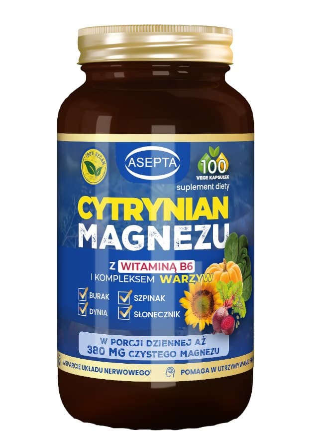 Asepta - Magnesium Citrate With Vitamin B6 And Vegetable Complex - 100 Vege Kapsułek (100 Vege Caps) – Asepta förpackning