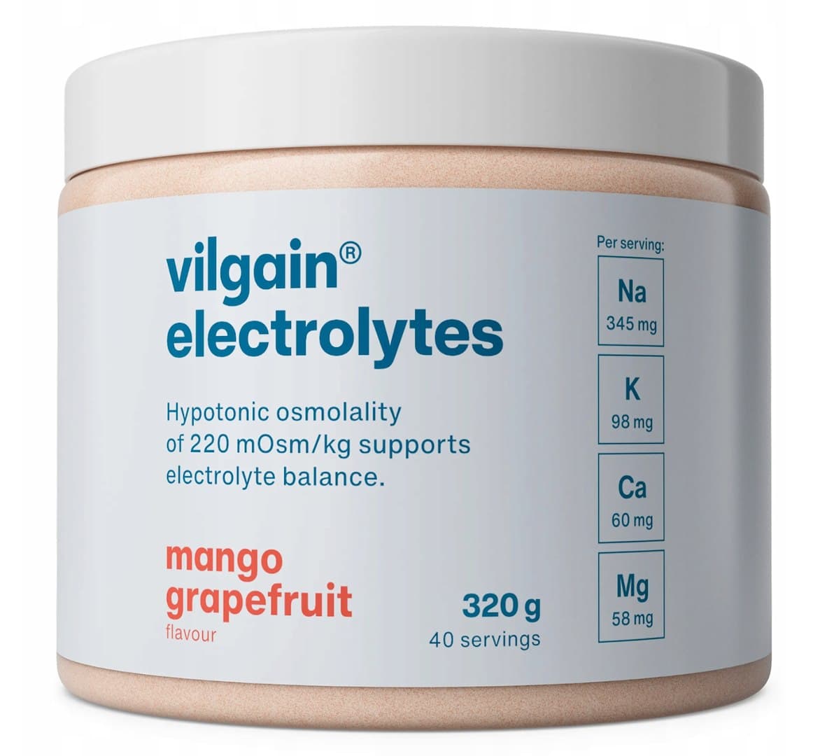 Vilgain Elektrolity mango & grejpfrut 320 g – Vilgain förpackning