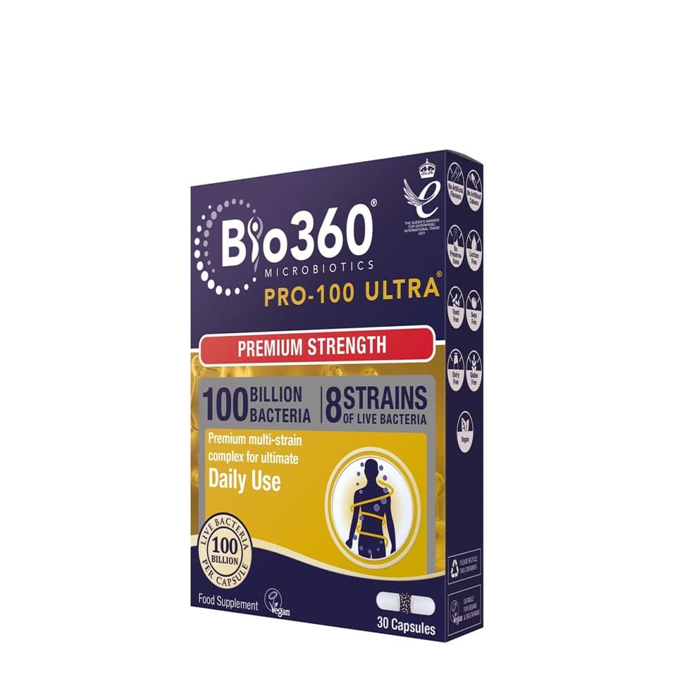 Bio360 - Natures Aid - Pro-100 Ultra - 100 Billion Bacteria - 30 Caps – Bio360 förpackning