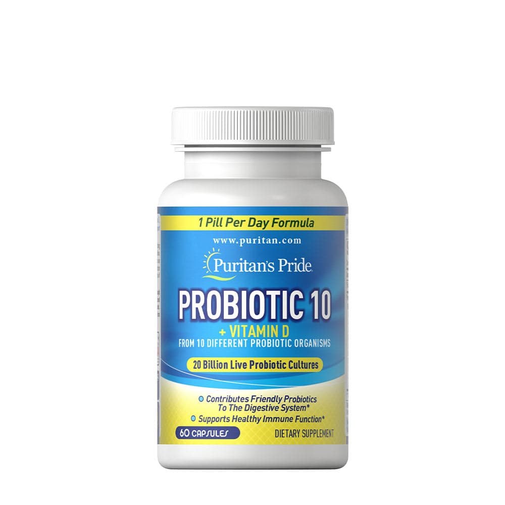 Puritan's Pride - Probiotic 10 + Vitamin D - 60 Capsules – Puritan's Pride förpackning