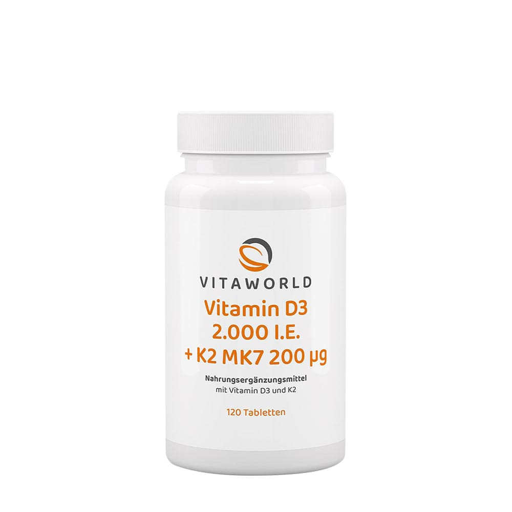 Vitaworld Vitamin D3 2000IU + K2 Mk7 200mcg - 120 Tabs – Vitaworld förpackning
