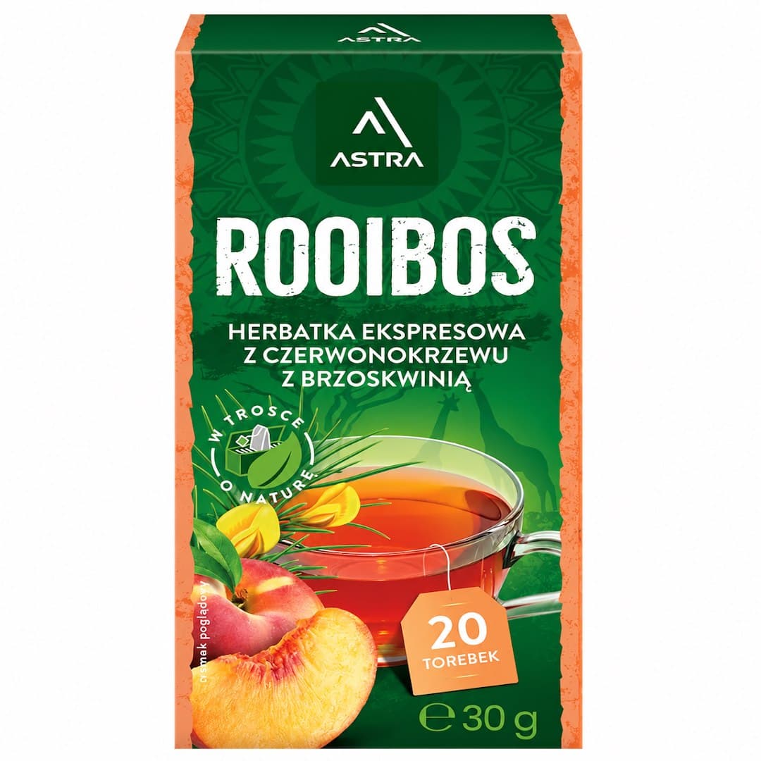 Astra - Rooibos Red Bush Tea With Peach 20 Sachets – Astra förpackning