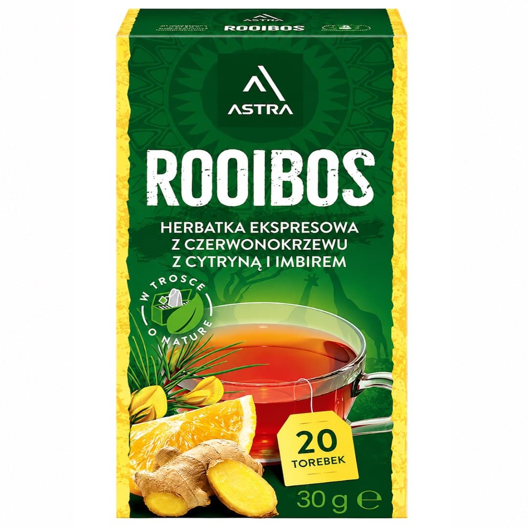 Astra - Rooibos Red Bush Tea With Lemon And Ginger 20 Sachets – Astra förpackning