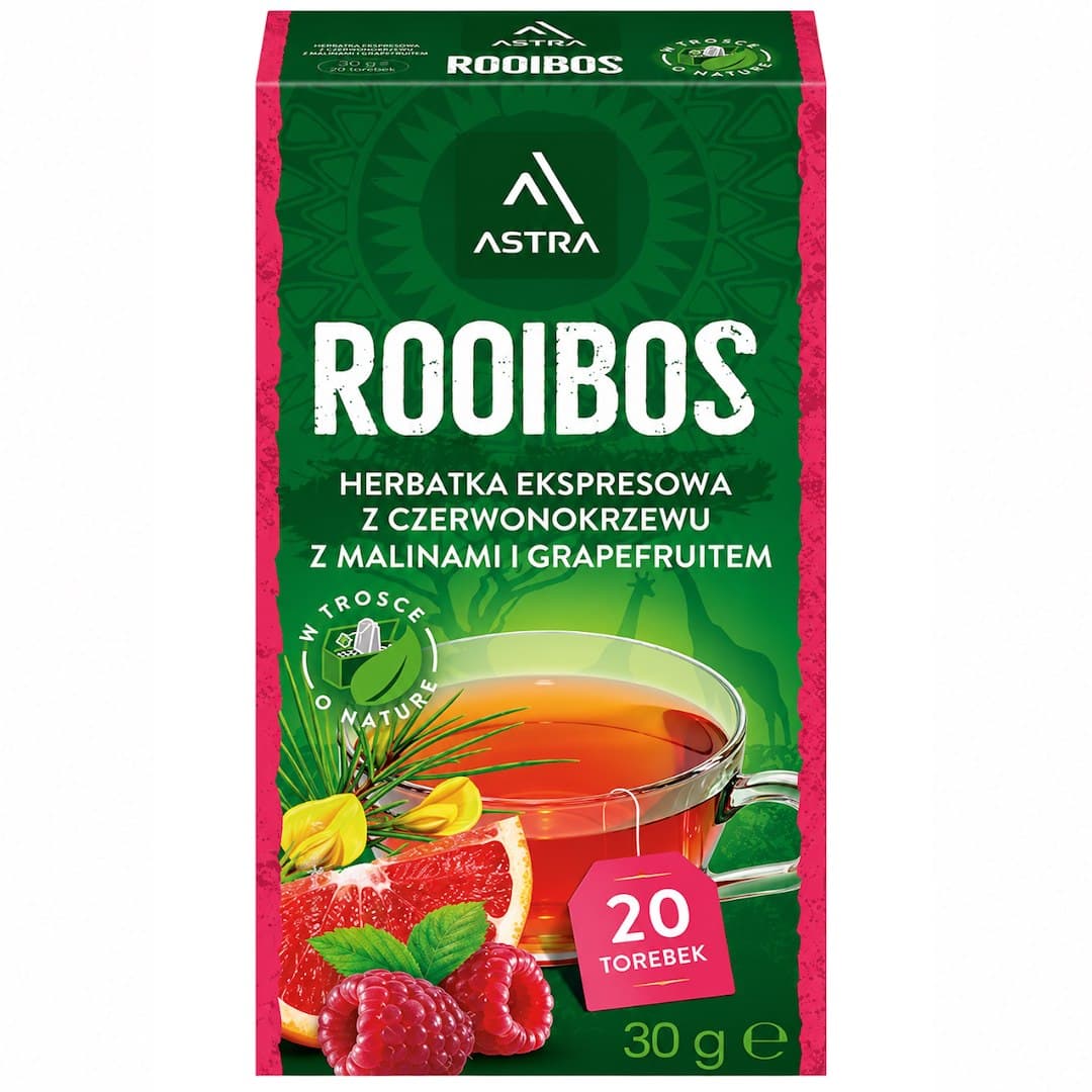 Astra - Rooibos With Raspberry And Grapefruit Tea 20 Sachets - 30g – Astra förpackning