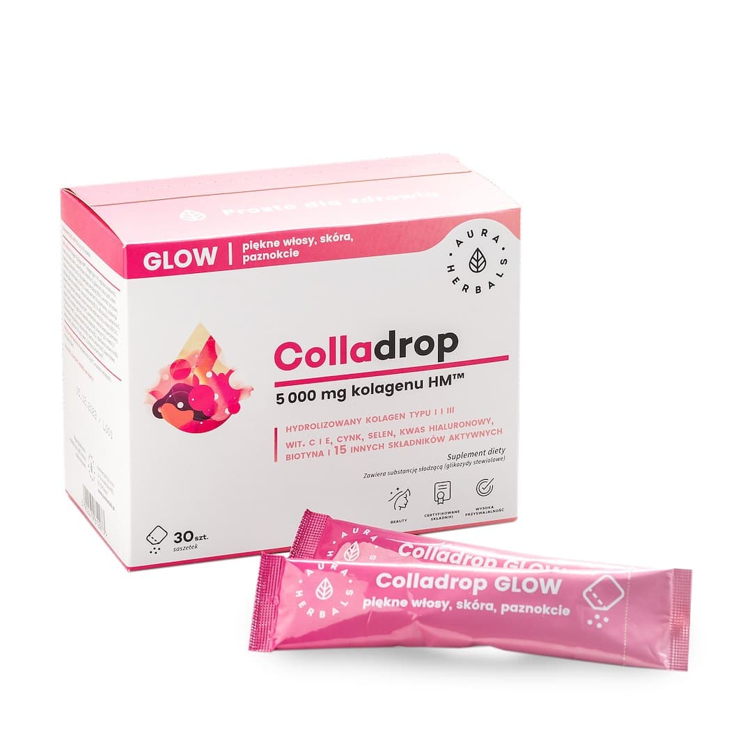 Aura Herbals - Colladrop Glow - Collagen Beauty Supplement - 30 Sachets (Powder/Powder Format) – Aura Herbals förpackning