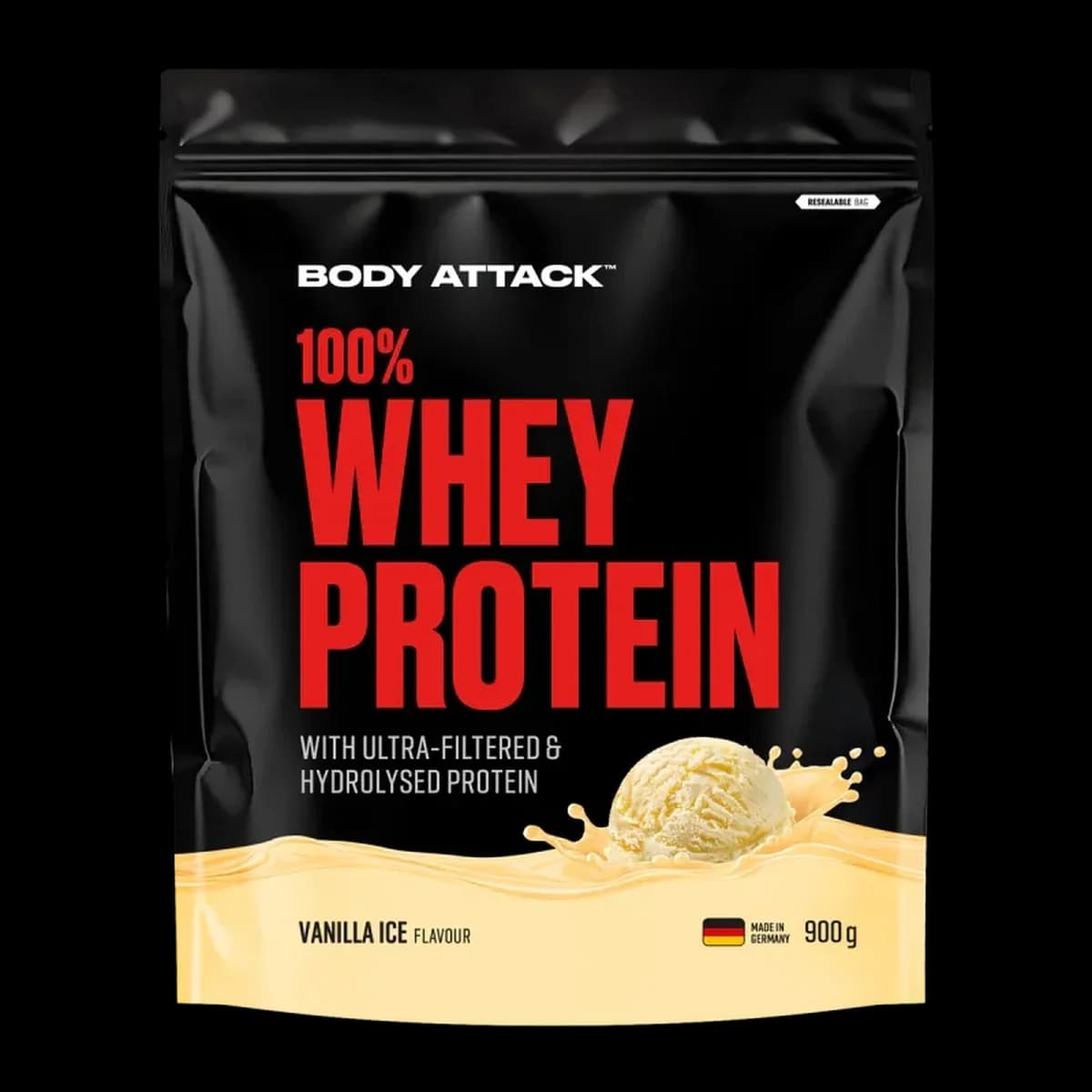 Body Attack - 100 % vassleprotein - Vaniljglass, 900 g – Body Attack förpackning