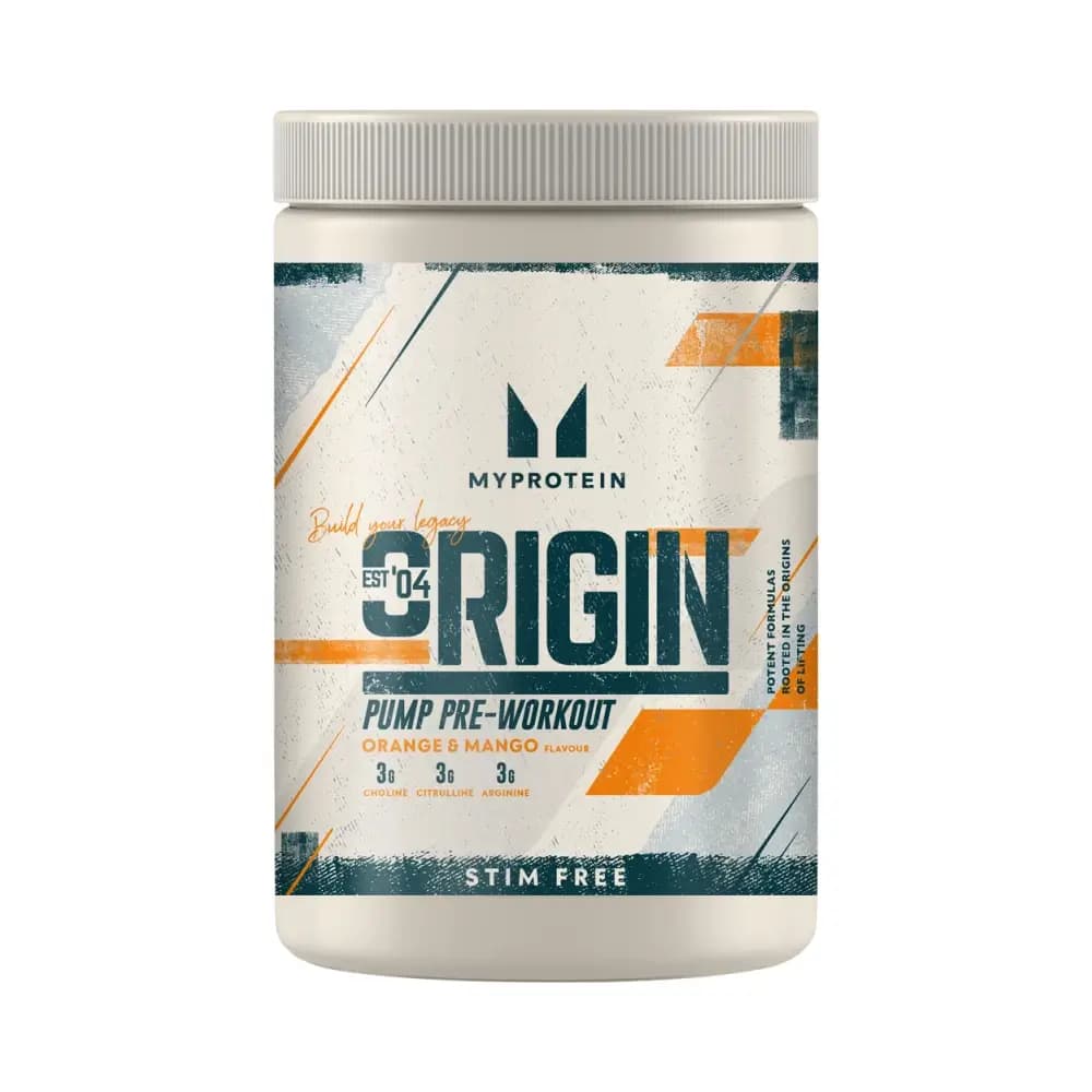 Myprotein - Origin Pump Pre-Workout - Orange Mango Soda - 600g – Myprotein förpackning