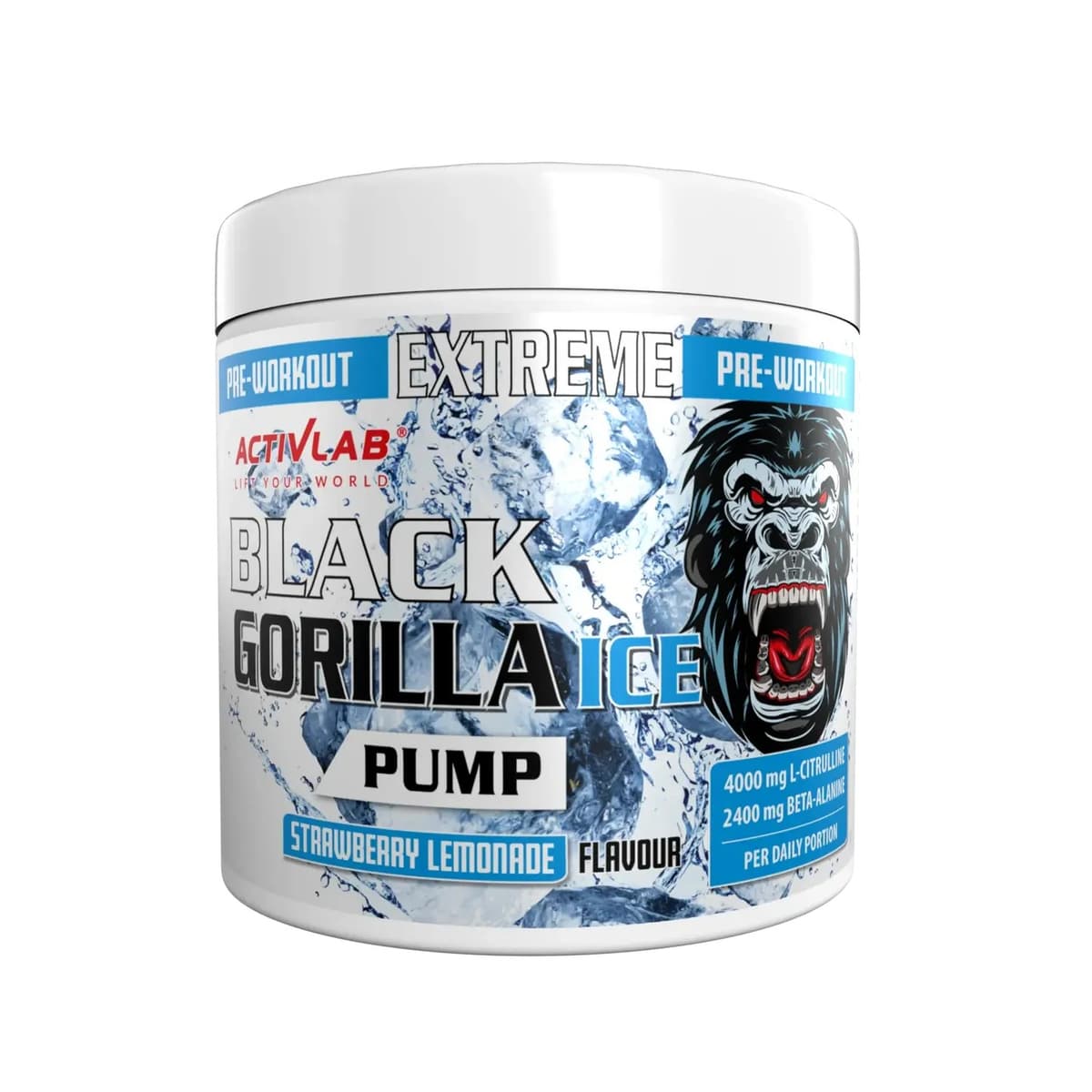 Activlab - Black Gorilla Ice, treeniä edeltävä valmiste - Mansikkalimonadi, 300 g – Activlab pakkaus