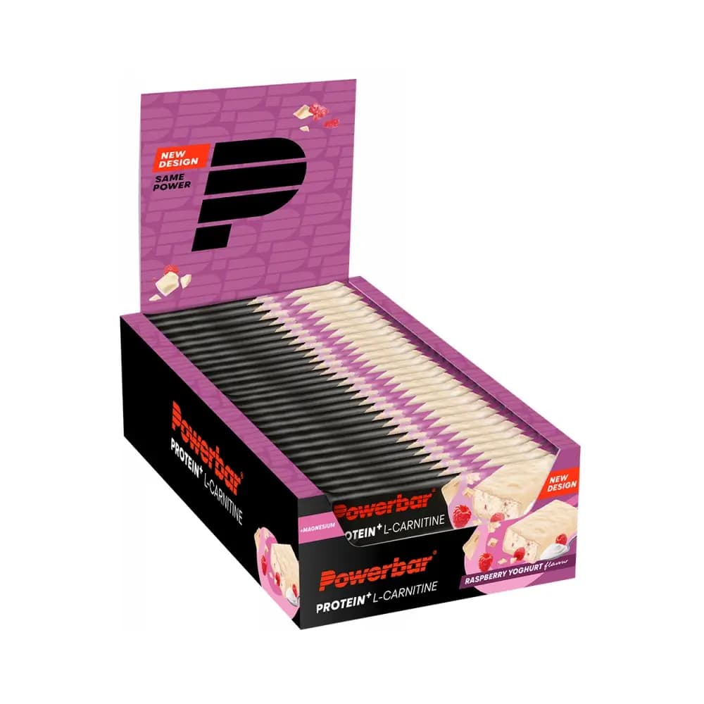 POWER - Protein Plus + L-Carnitine Bar (30x35g) - Raspberry Yoghurt – Powerbar förpackning