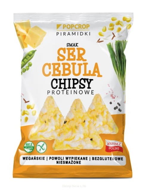 Popcrop - Proteinchips med ost- og løgsmag uden gluten 60 g – Popcrop emballage