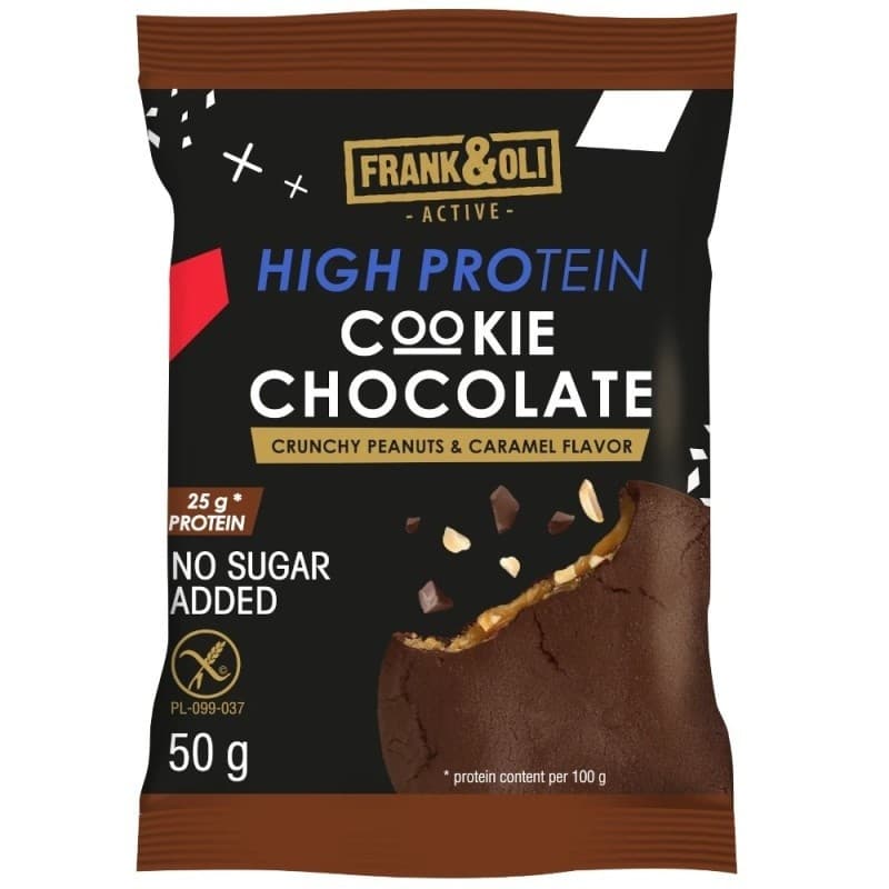 Frank&Oli - High Protein Cookie Chokolade Jordnødder Karamel 50g – Frank&Oli emballage