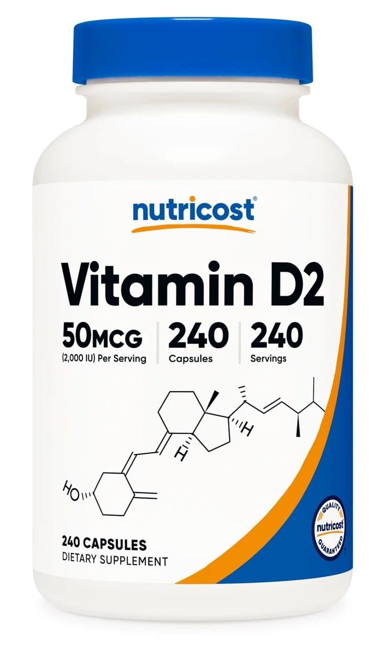Nutricost - Vitamin D2 50 mcg - 240 Capsules – Nutricost förpackning