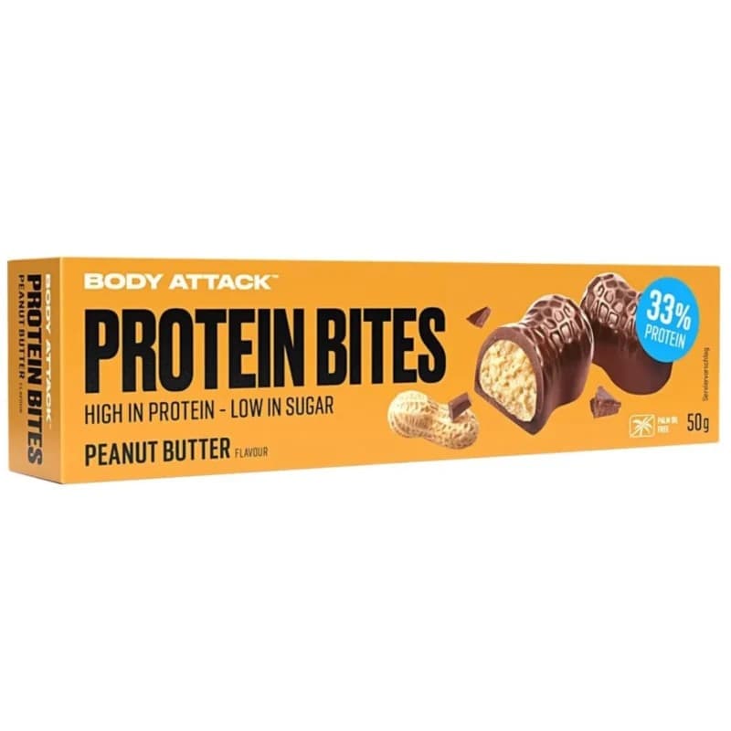 Body Attack - Proteinbitar - 50 g, jordnötssmör – Body Attack förpackning