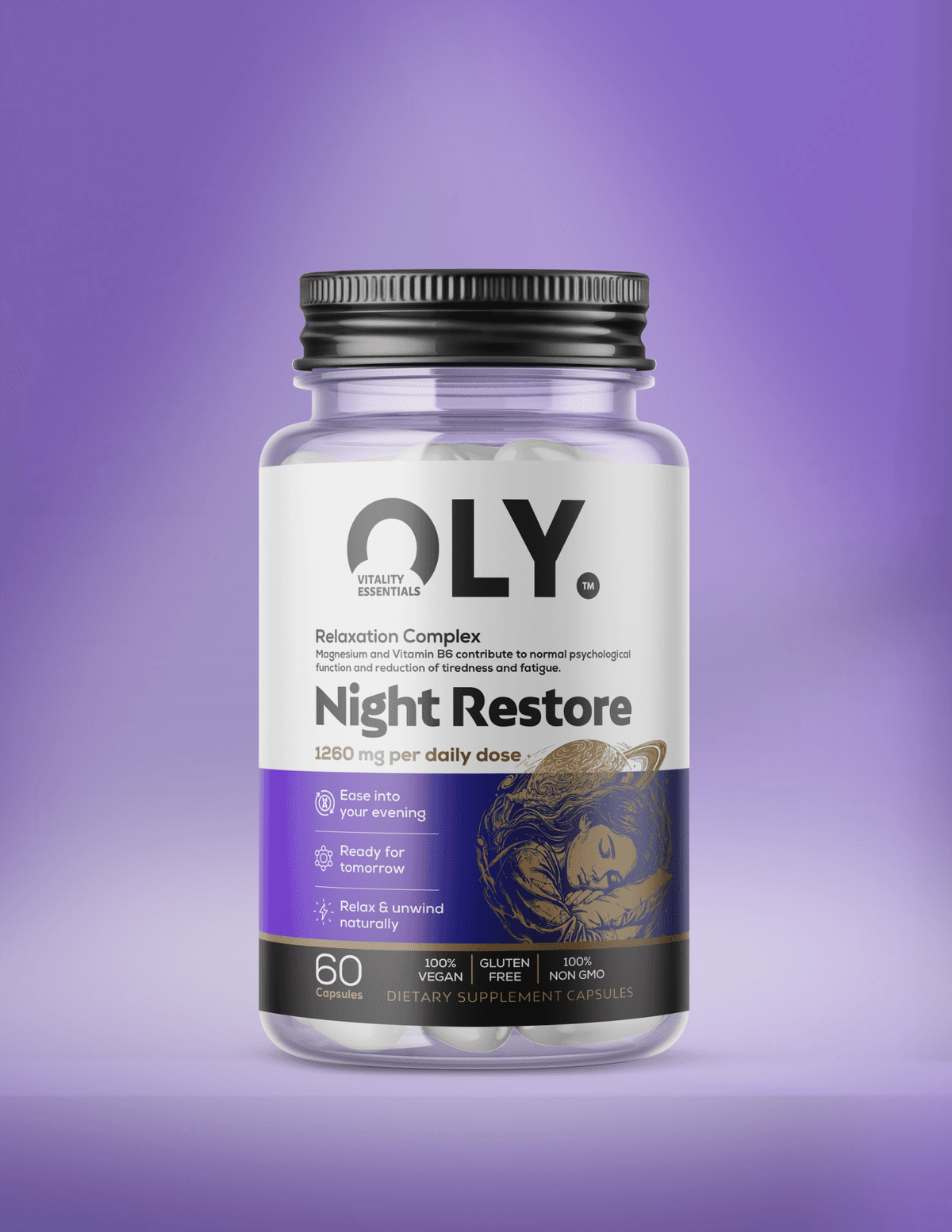 Oly - Night Restore - 1260 mg - 60 vcaps – Oly förpackning