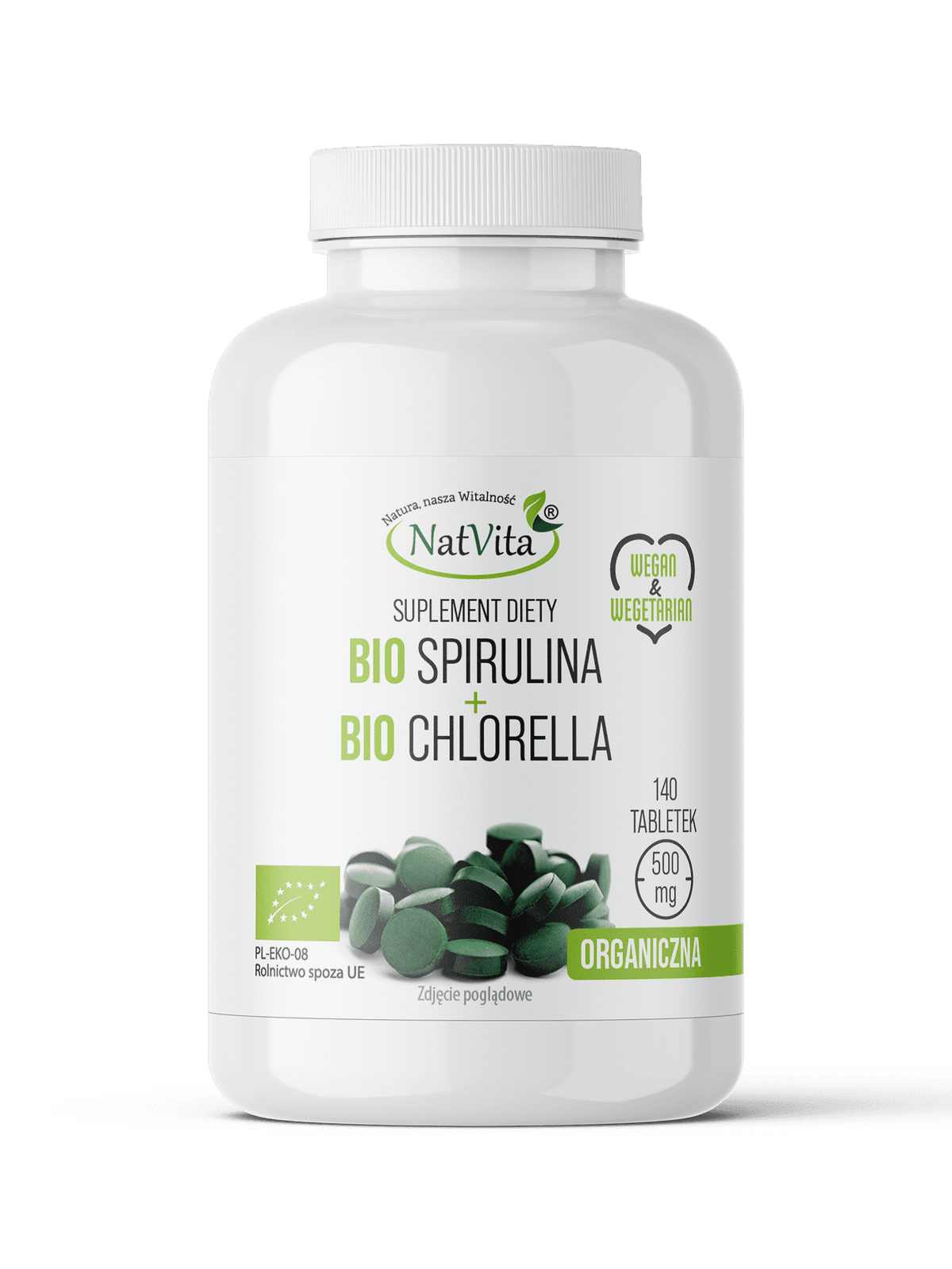 NatVita - Ekologisk Spirulina och Chlorella - 500 mg, 500 tabletter – NatVita förpackning