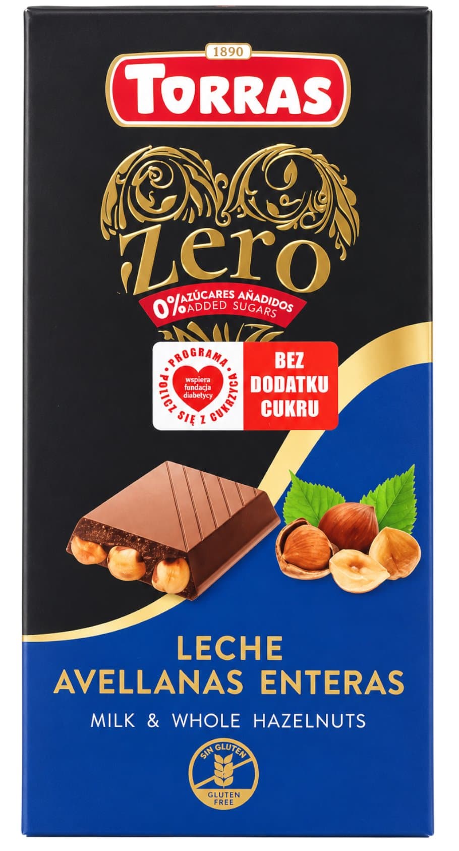 Torras - ZERO Czekolada mleczna z orzechami laskowymi bez dodatku cukru bezglutenowa 150g