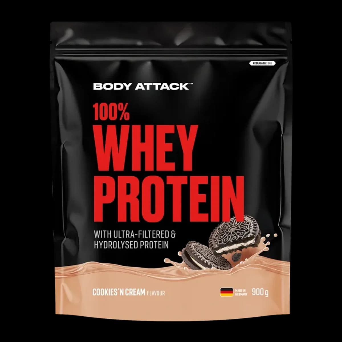 Body Attack - 100 % vassleprotein - Kakor och grädde, 900 g – Body Attack förpackning
