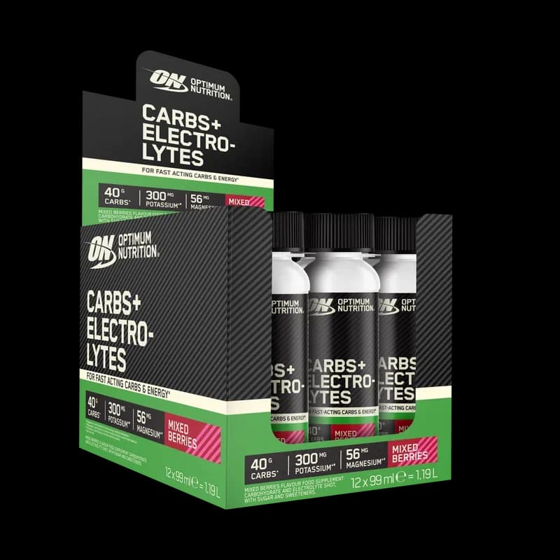 Optimum Nutrition - Kolhydrater och elektrolyter, shot - Blandade bär, 12 × 99 ml – Optimum Nutrition förpackning
