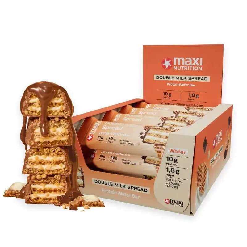 MaxiNutrition - Proteinvåffelbar - 12 × 39 g, dubbel mjölkkräm – MaxiNutrition förpackning