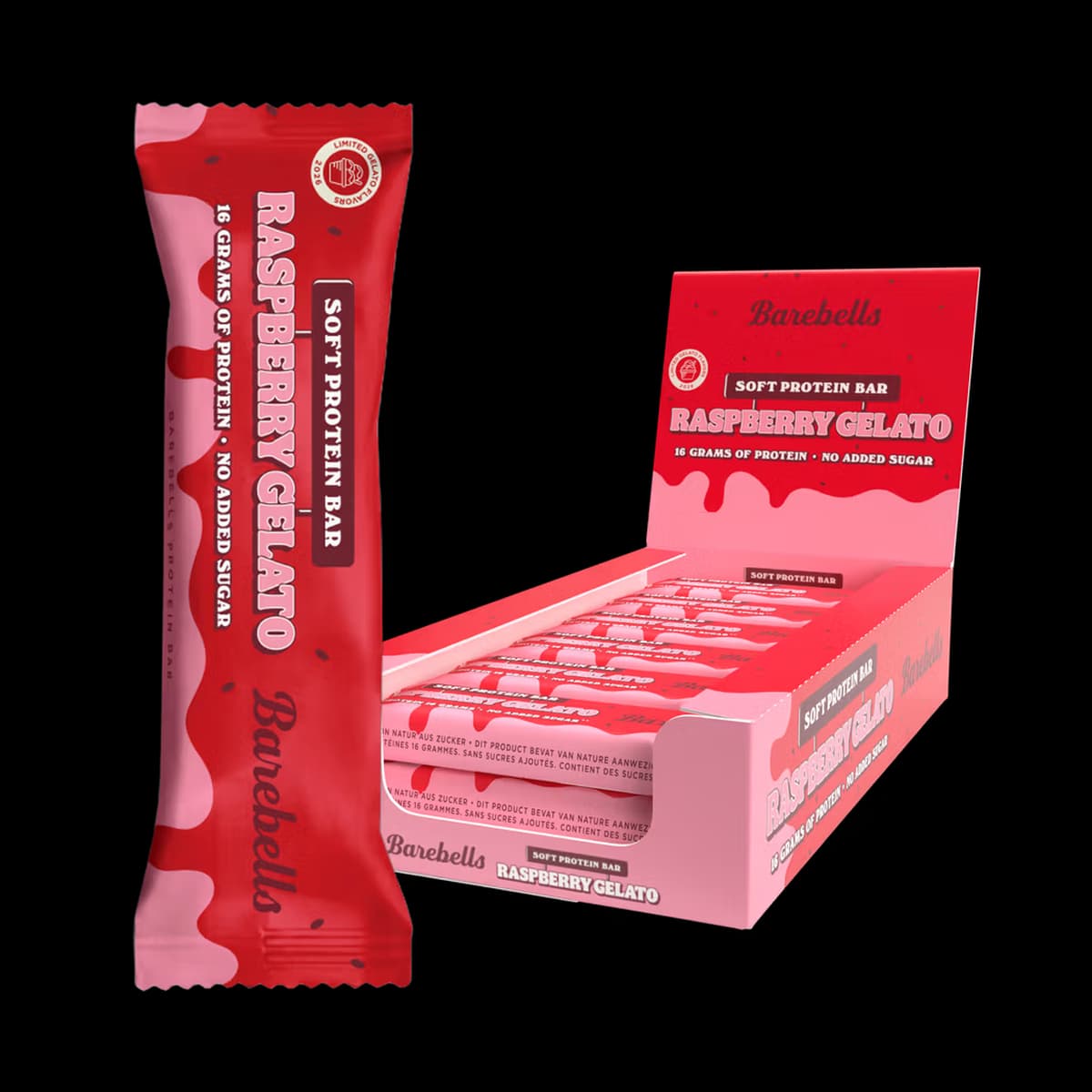 Barebells - Proteinbarer - Hindbærgelato, 12 × 55 g – Barebells emballage