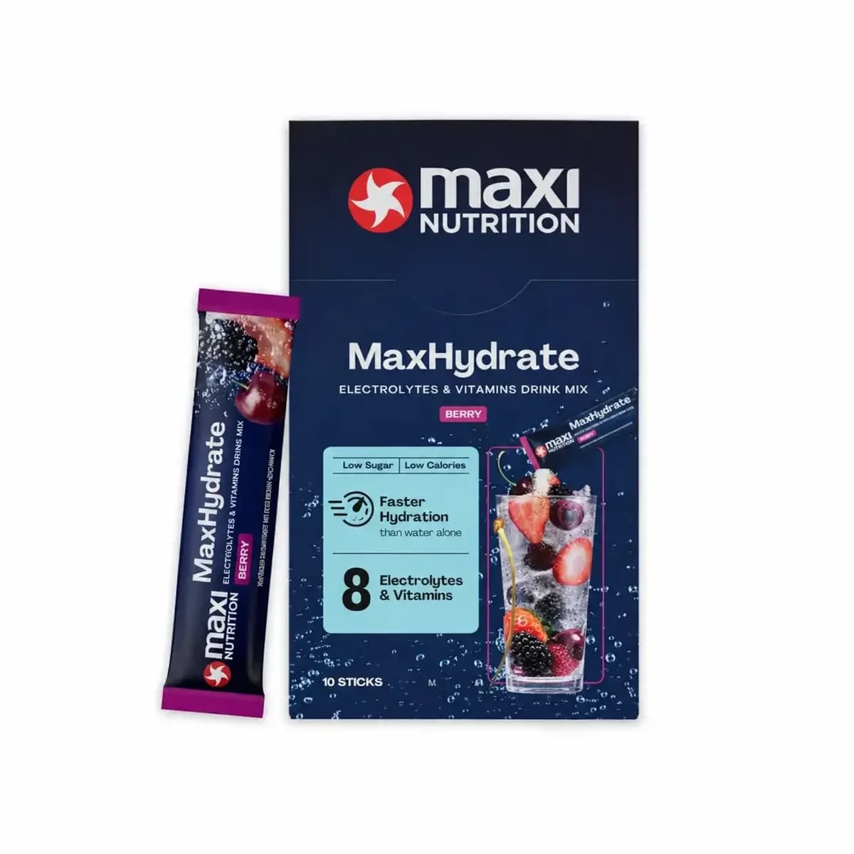 MaxiNutrition - MaxHydrate Classic elektrolyter - Bär, 10 × 16 g – MaxiNutrition förpackning