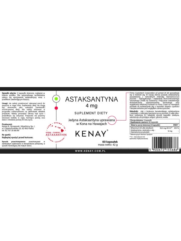 Kenay - Astaxantin - 12 mg, 30 kapslar – förpackning