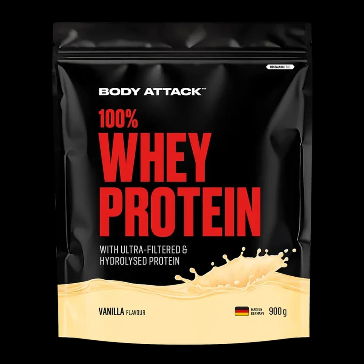 Body Attack - 100 % vassleprotein - Vanilj, 900 g – Body Attack förpackning