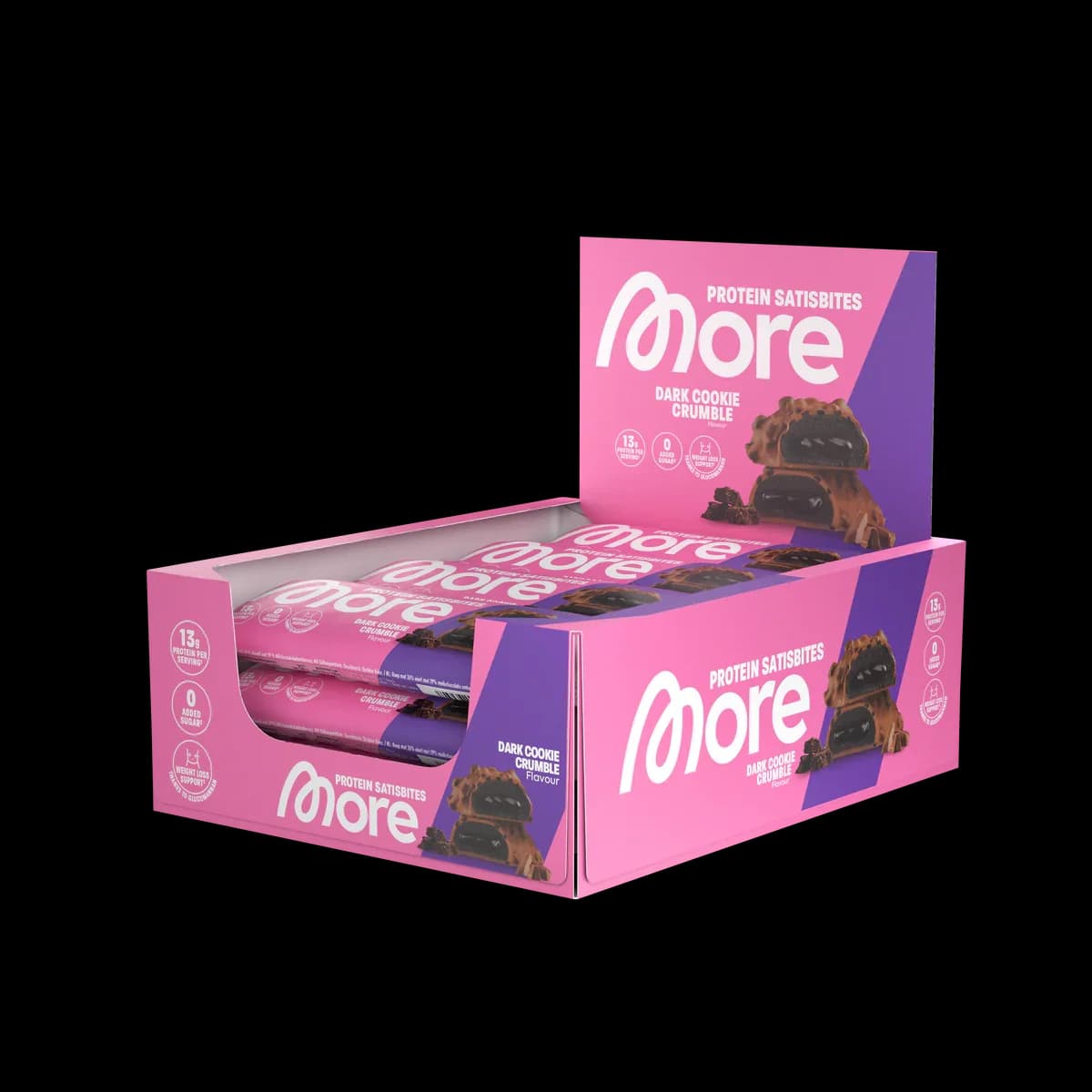 More - Protein Satisbites - Mörk kaksmul, 12 × 2 × 25 g – More förpackning