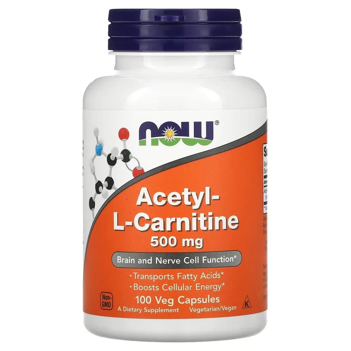 NOW Foods - Acetyl-L-karnitin - 100 vegetabiliska kapslar – förpackning