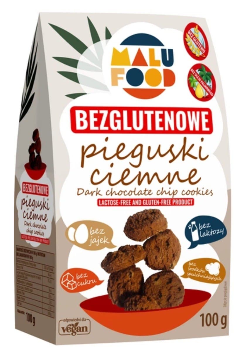 Malu Food - Gluten-Free Dark Chocolate Chip Cookies - 100g – Malu Food förpackning