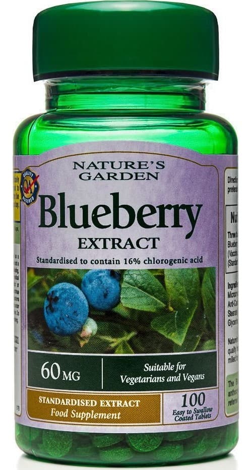 Holland & Barrett Blueberry Extract (Ekstrakt fra blåbær) 60 mg 100 tabletter – Nature's Garden emballage