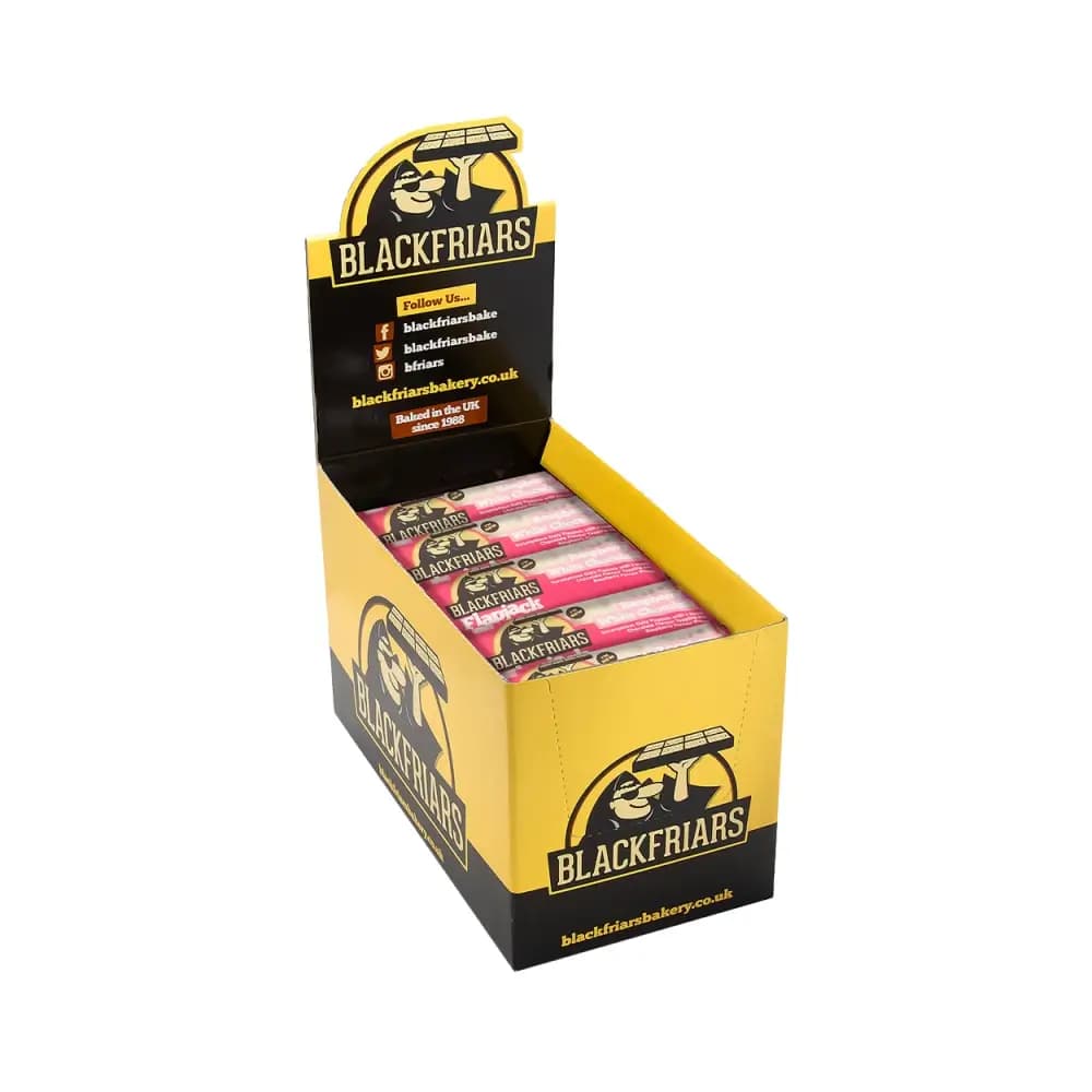 Blackfriars - Flapjacks Raspberry & White Chocolate 90g – Blackfriars förpackning