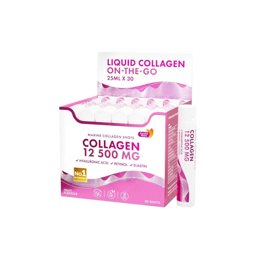 SWEDISH NATURA - Marine Collagen 12 500mg Shots 25ml x 20 – SWEDISH NATURA förpackning