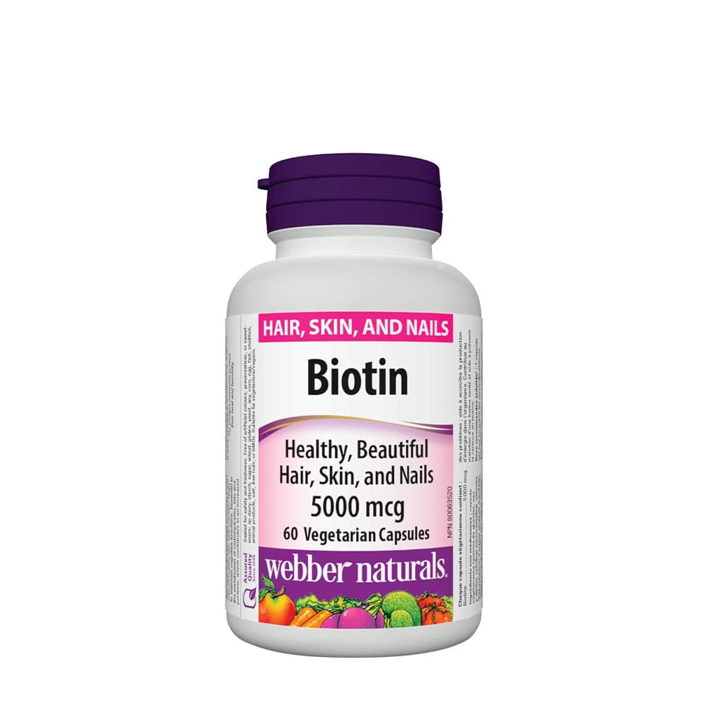 Webber Naturals Biotin 5000 mcg - 60 Veg Capsules – Webber Naturals förpackning