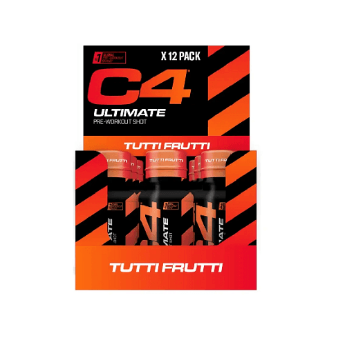 Cellucor - C4 Ultimate träningsshot - Tutti frutti, 12 × 60 ml, kort datum 2026-12-30 – förpackning
