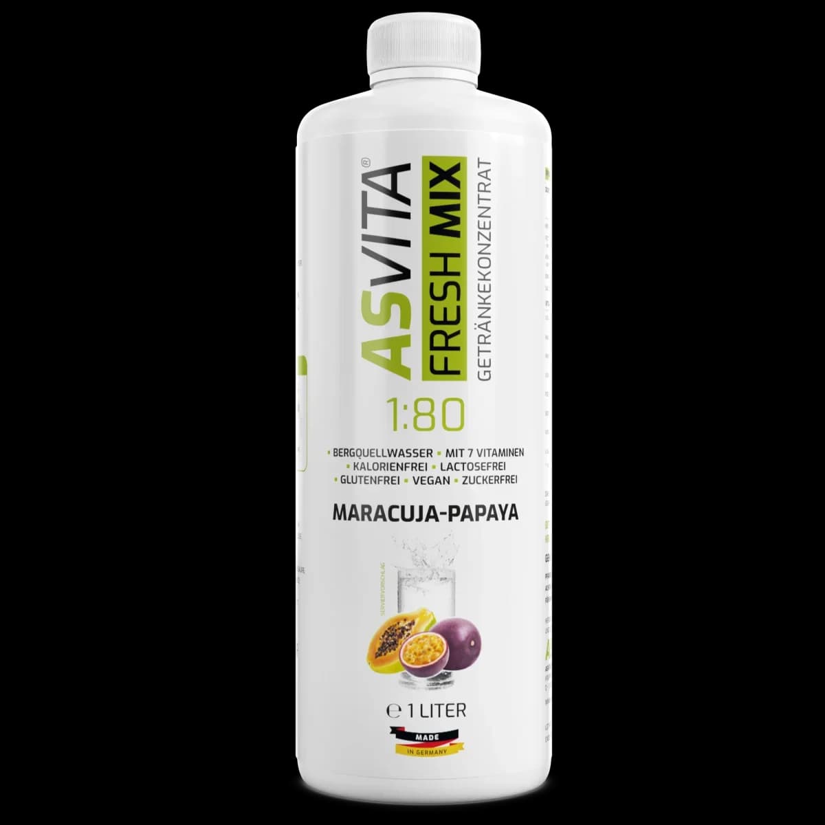 ASVita - Fresh Mix mineraldryck - 1/80, 1 l, passionsfrukt och papaya – ASVita förpackning